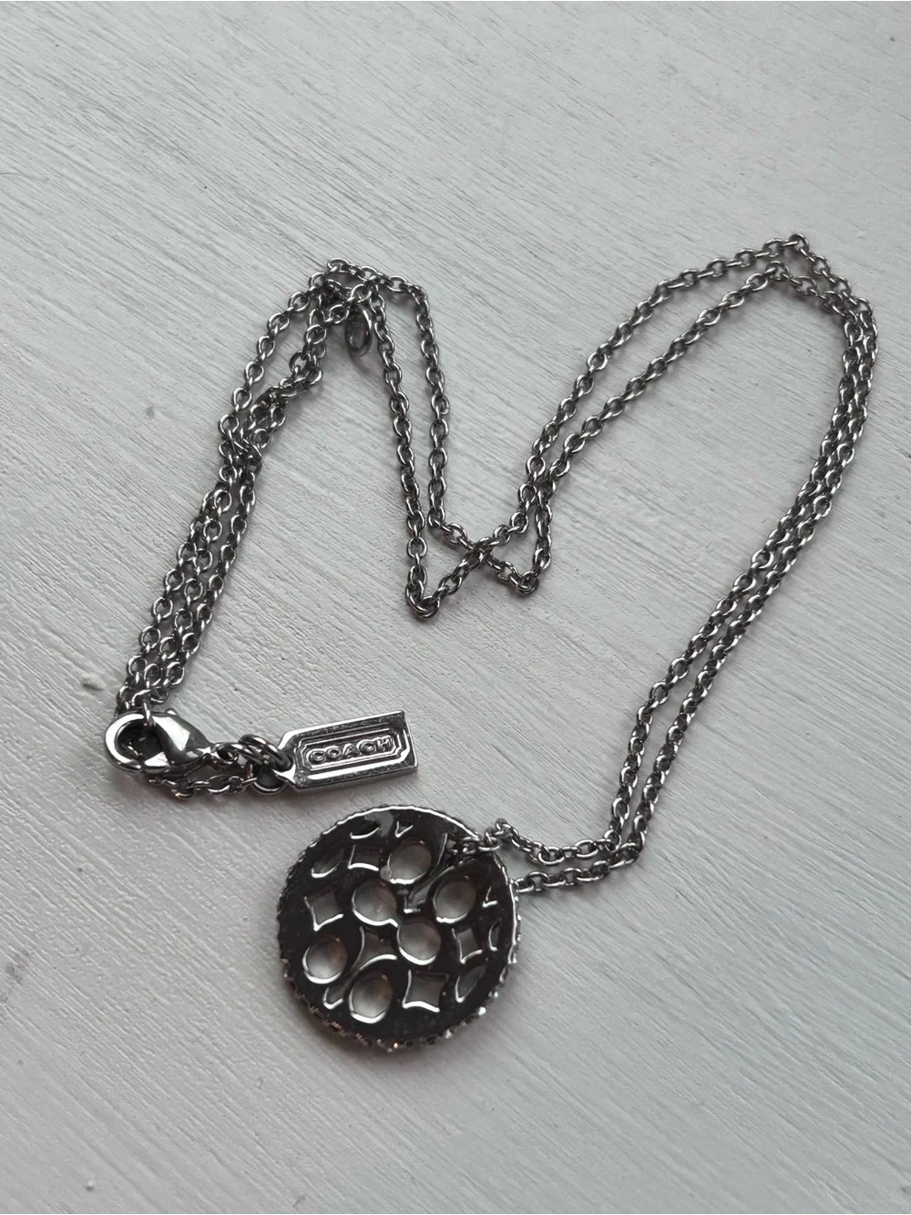Coach Signature C Disc Pendant Necklace Pave Crystals